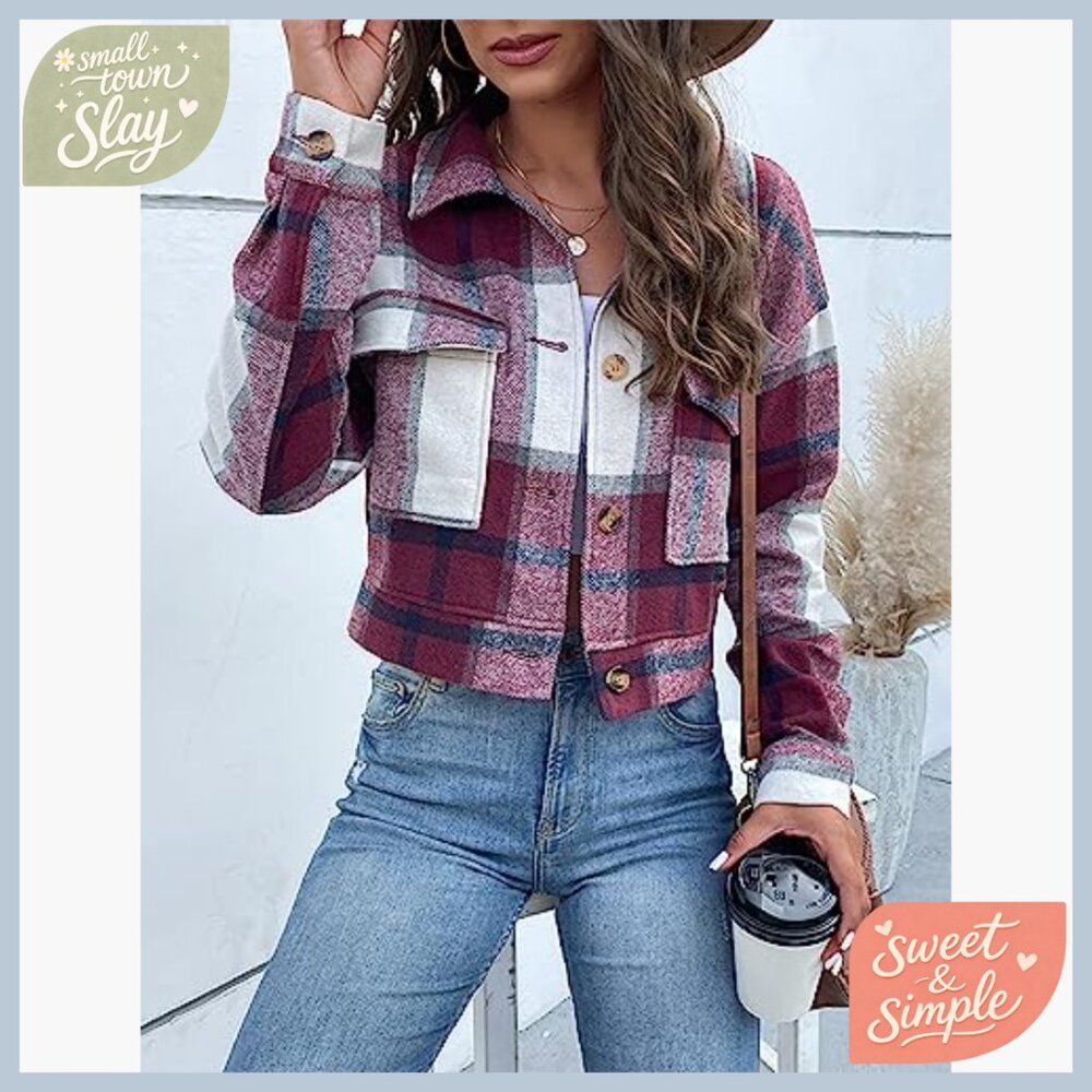 Flannel Cropped Plaid Shacket Jacket Button Down Long Sleeve Top - Picture 3 of 7